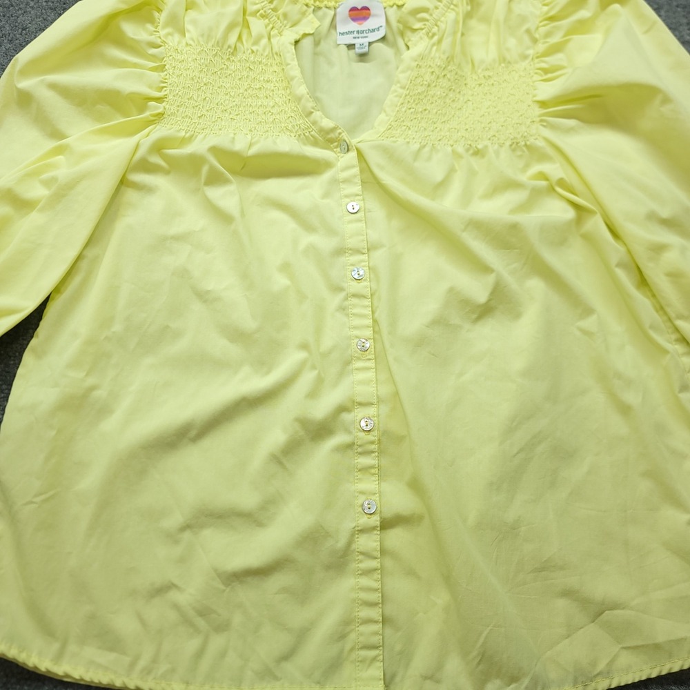 Hester & Orchard Yellow Smocked Ruffle V-Neck Puff Sleeve Blouse Medium - Picture 12 of 16